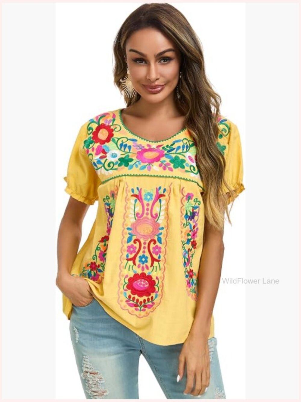 Embroidered Peasant Blouse for Women Short Sleeve Cotton Summer Top